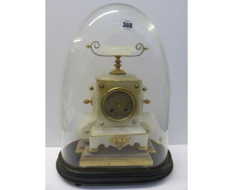 FRENCH MANTEL CLOCK,  a 19th Century gilt mounted alabaster bracket clock under glass dome