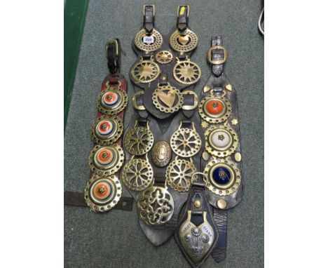 HORSE BRASSES, collection including Worsdell, Penryn set and other ceramic inset horse brasses, together with antique long ha