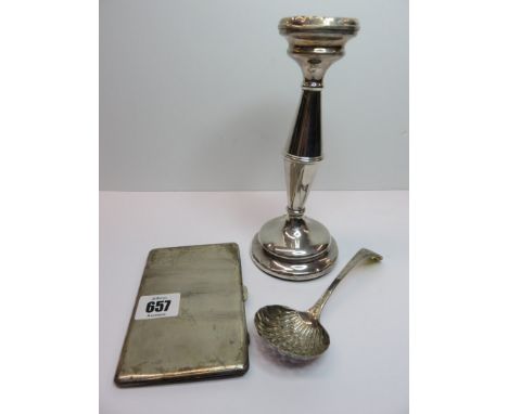 SILVER CIGARETTE CASE, also HM silver circular base candlestick and silver plate sugar sifter spoon 