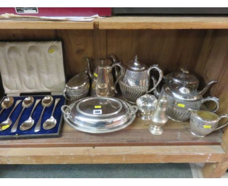 SILVER PLATE, 4 piece silver plated fluted base tea & coffee service, oval entree dish, cased cutlery etc.