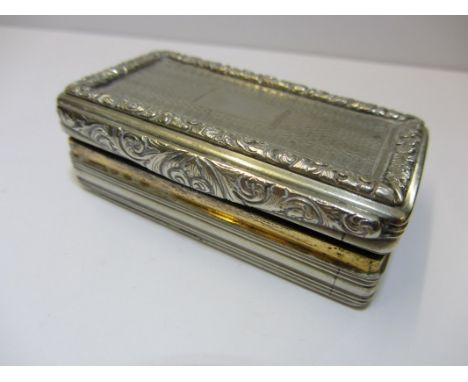 GEORGIAN SILVER SNUFF BOX, rectangular formed silver snuff box with silver gilt interior with a lined and foliate engraved bo