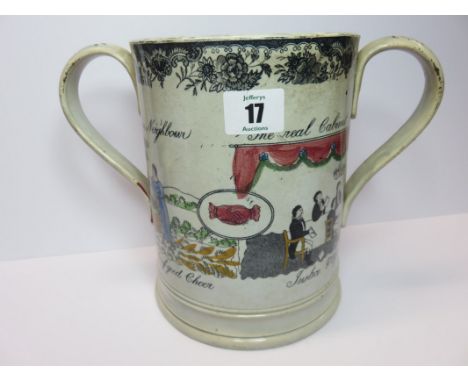 VICTORIAN LOVING TANKARD, a large twin handled pottery tankard "The Real Cabinet of Justice and Equity", hand painted transfe