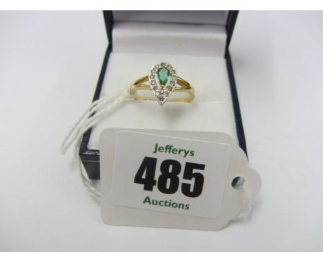 EMERALD & DIAMOND RING, 18ct gold emerald and diamond ring of pear drop design size L/M 