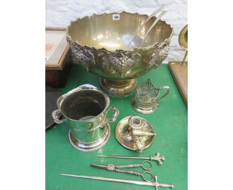 SILVER PLATE, punch bowl, grape scissors, chamber stick and other plated ware