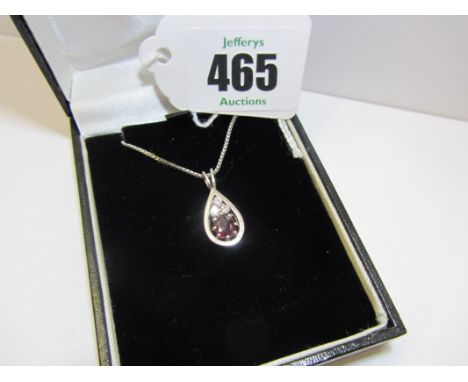 RUBY & DIAMOND PENDANT, fine 18ct white gold drop pendant set a ruby with 3 diamonds to the top on a fine link chain 