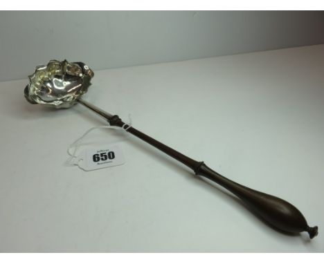 GEORGIAN SILVER PUNCH LADLE, turned fruit wood handle double lip HM silver punch ladle, possibly London 1769