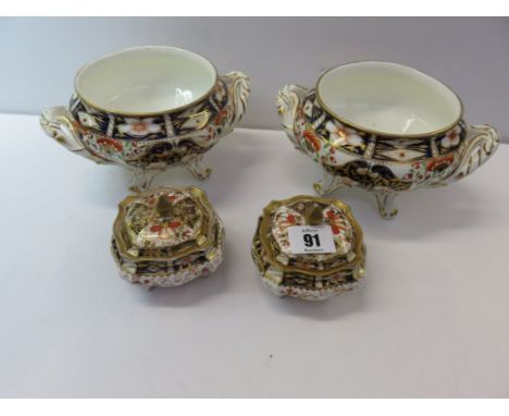 ROYAL CROWN DERBY, pair of lidded square base small potpourri stands together with pair of Derby style twin handled tureen ba