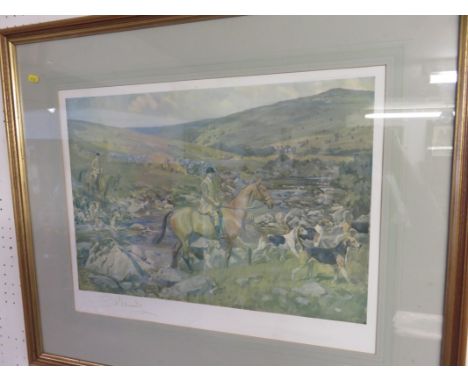 LIONEL EDWARDS, signed colour print "The hunt crossing the stream", 13.5" x 19"