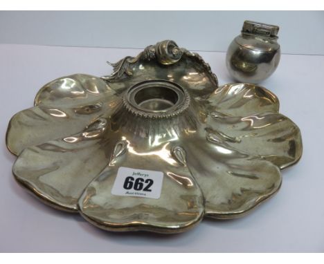 VICTORIAN SILVER INKWELL STAND, attractive HM silver petal lobed and scroll design inkwell stand, together with spherical cig