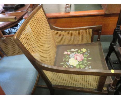 BERGERE ARMCHAIR, mahogany framed armchair with tapestry cushion