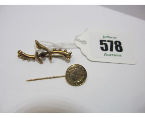 GOLD BAR BROOCH, 9ct yellow gold bar brooch with wish bone and garnet decoration, together with 9ct gold ECLP long service ti