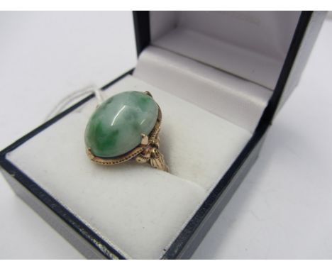 JADE RING, vintage 9ct gold ring set an oval jade stone, size O/P