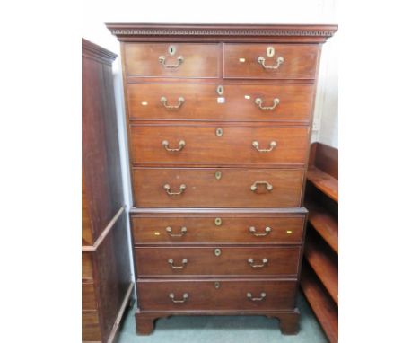 GEORGIAN TALLBOY, mahogany straight front chest of 2 short and 6 long graduated drawers, ornate brass swan neck handles and c