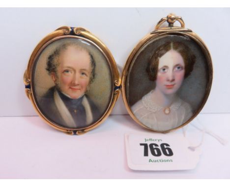 PORTRAIT MINIATURE'S, 2 Victorian oval oils on ivory "Portrait of Young Lady in White Lace Dress, ornate quill hair back (req