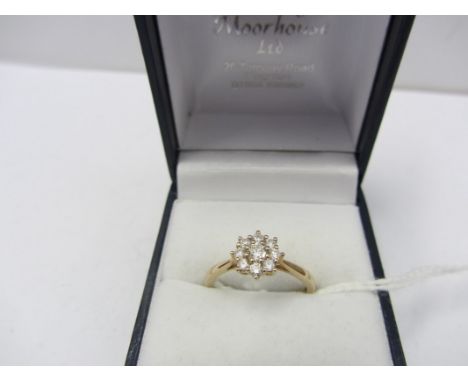 DIAMOND CLUSTER RING, 9ct gold ring, set a cluster of 9 diamonds totalling approx 0.5ct, size O