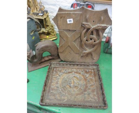 TREEN, Flemish carved portrait design tray, also Heraldic design shield and fish design bracket