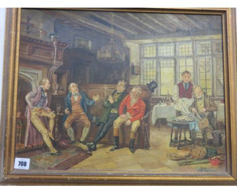 R PRITCHARD, signed oil on canvas "Tavern Interior- After the Hunt" 14" x 17.5"