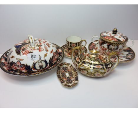 ROYAL CROWN DERBY, gilded floral muffin dish, lidded chocolate cup and stand, together with "Japan" pattern sucrier, cup, sau