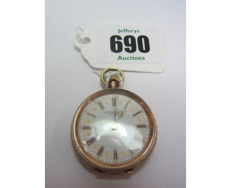 GOLD LADIES FOB WATCH, a ladies 14ct foliate engraved fob watch with enamel dial