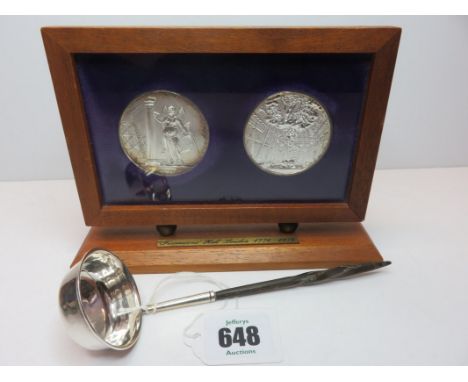 SAUCE LADLE, whale bone twist handle small sauce ladle together with 2 framed Masonic commemorative medals