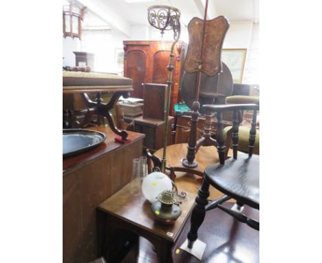 EDWARDIAN OIL LAMP, fitted occasional table, 2 tier table base with ornate brass scroll support oil lamp with shade