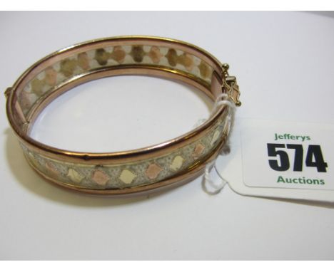 GOLD BANGLE, hinged gold multi coloured bangle, 20 grams, stamped 9k
