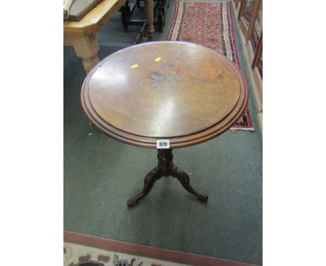 VICTORIAN WINE TABLE, carved walnut tripod base wine table with marquetry top (requires restoration)