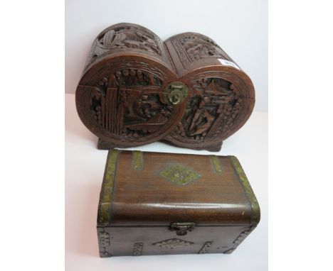 ORIENTAL BOX, Chinese relief carved camphor wood box together with one other caddy box