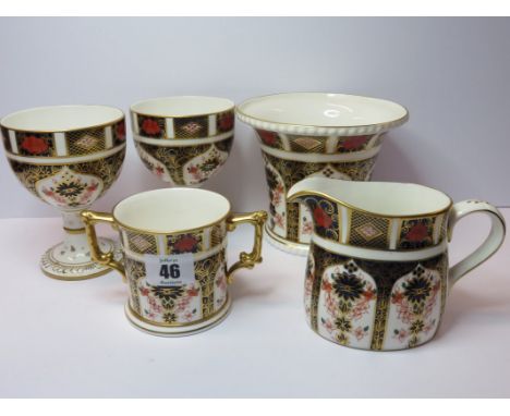 ROYAL CROWN DERBY, "Japan" pattern pair of goblets, small twin handled loving cup, cream jug and splayed rim vase