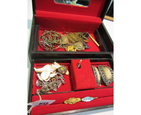 COSTUME JEWELLERY, black jewellery box containing selection of costume jewellery including belt and shoe buckles, assorted br