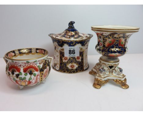 ROYAL CROWN DERBY, oval lidded sucrier miniature cauldron by Stevenson & Hancock, together with similar Regency-style miniatu