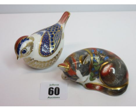 ROYAL CROWN DERBY PAPER WEIGHTS, "Catnip Kitten" and "Gilded Bird"