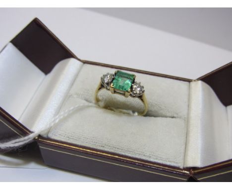 EMERALD & DIAMOND 3 STONE RING, 18ct yellow gold ring, central square form cushion cut emerald surrounded by 2 brilliant cut 