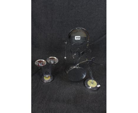 2 Art Deco figural Chromium dinner gongs and a 2 branch candlestick. Condition - some wear to plating 