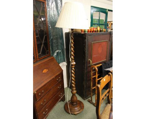 Oak heavy Barley twist standard lamp with Modern beige Shade 