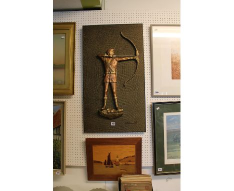 S R Bennett framed raised Sculpture of a Archer and a Parquetry picture of a Lighthouse 