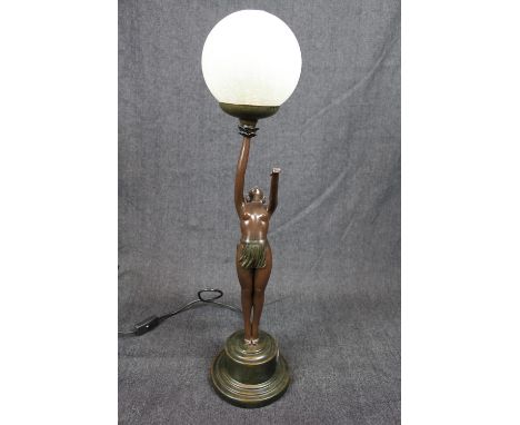 Good quality Reproduction Art Deco Nude table lamp of globe crackle glass shade, 66cm in height 