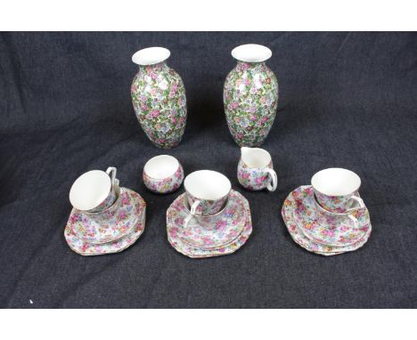 Lord Nelson Ware Marina Chintz part tea set and a a Pair of Crown Ducal Floral Chintz vases. Condition Repair to lip on vase 