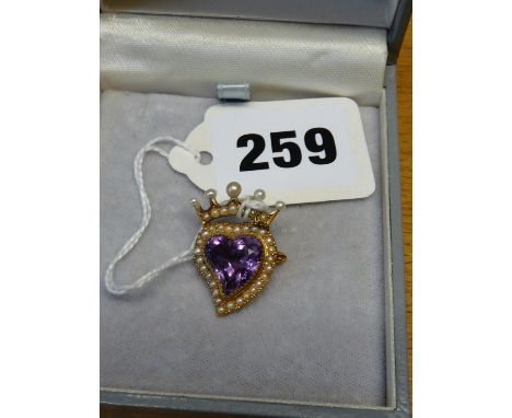 15ct Edwardian Heart Shaped Amethyst Brooch with seed pearl setting