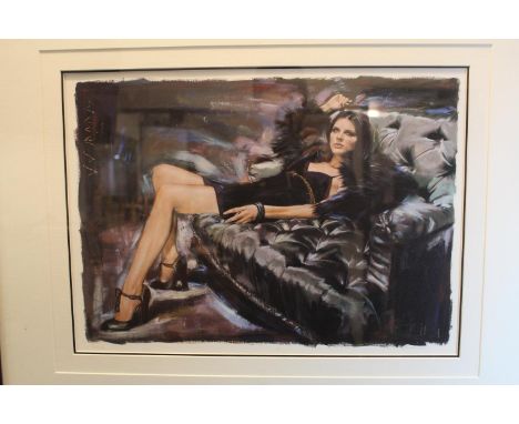 Signed Limited edition print of a woman reclining in chesterfield sofa, 16 of 495 signed in Pencil, 50 x 36cm 