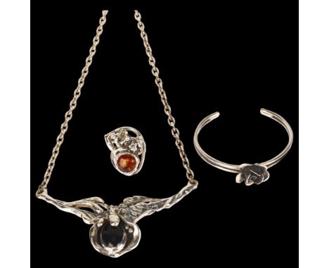 DENNUNG - a sterling silver floral cuff bangle, and a silver plated necklace and ring, size M, 65.6g total (3)No damage or re
