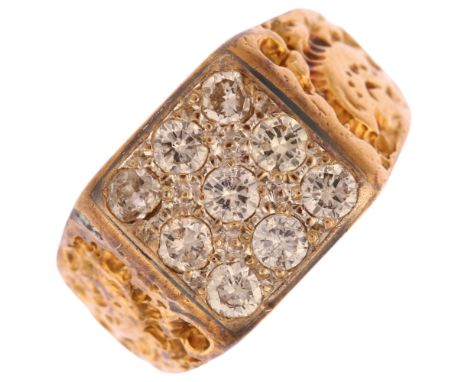 A heavy late 20th century 18ct gold nine stone diamond signet ring, maker SAJ, London 1978, set with modern round brilliant-c