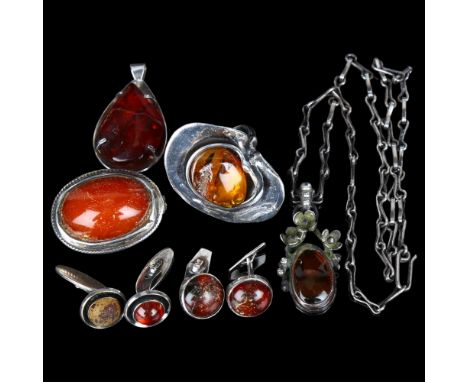 Various amber jewellery, including ring, cufflinks, pendant etc, 79.7g totalLot sold as seen unless specific item(s) requeste