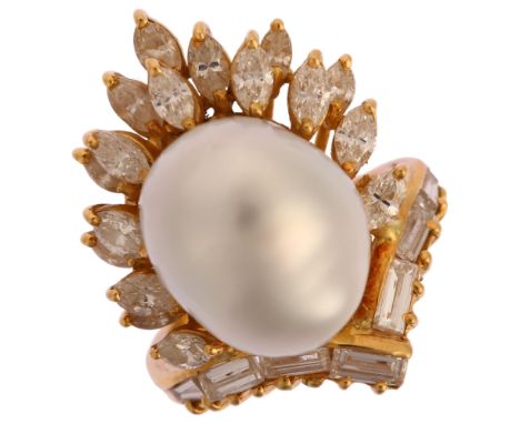 A large late 20th century South Sea baroque pearl and diamond cocktail ring, possibly Mikimoto, unmarked 18ct gold settings, 