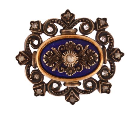 A blue enamel and diamond openwork brooch, unmarked gold and silver settings, with central floral motif on blue enamel ground