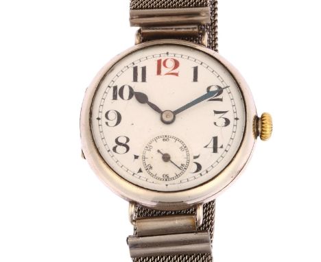 A First World War Period silver Officer's style trench mechanical wristwatch, circa 1914, white dial with hand painted red an