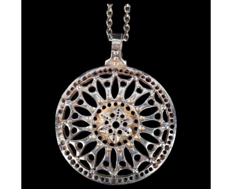 A large Continental brutalist silver plated abstract pendant necklace, unsigned, pendant height 78.2mm, chain 64cm, 60.2gNo d