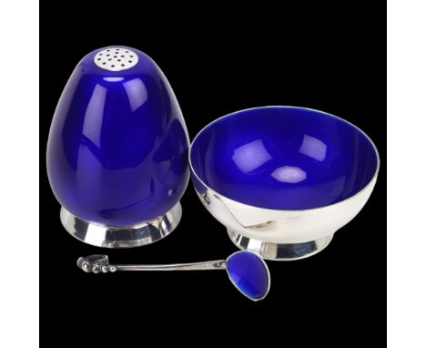 ANTON MICHELSEN - a a Danish stylised sterling silver and blue enamel cruet set, comprising pepperette, salt cellar and spoon