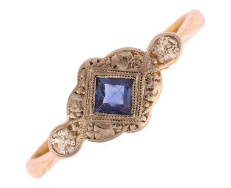 An Art Deco 18ct gold sapphire and diamond panel ring, maker PFJ, platinum-topped with calibre-cut sapphire and single-cut di