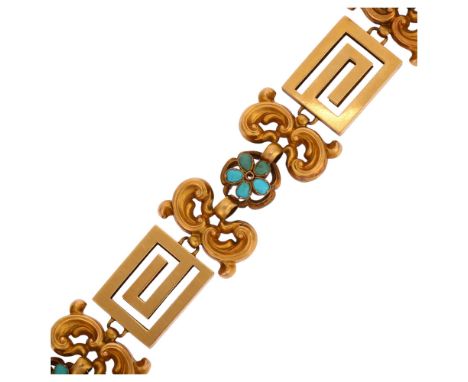 A Victorian turquoise panel bracelet, unmarked yellow metal settings with geometric and floral foliate panels, length 20cm, 2